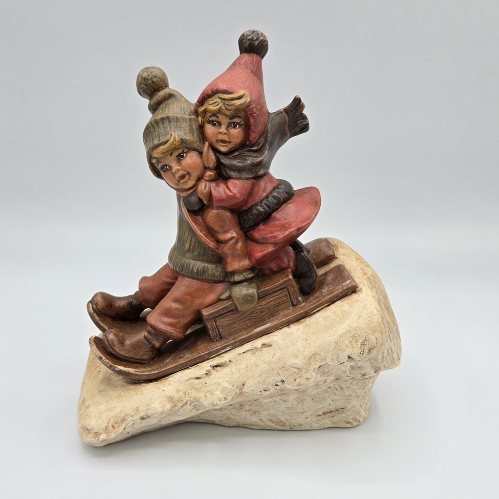 Vtg Girl and Boy‎ Sledding handpainted ceramic figurine medium sz Vintage Sharon